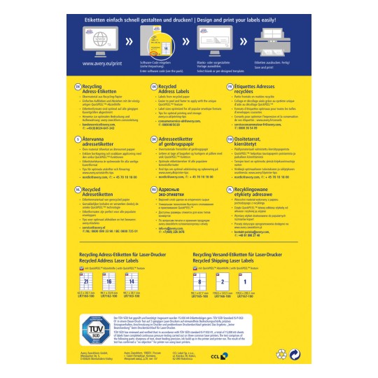 Imaginea este un ghid multilingv legat de reciclarea etichetelor de adresă, incluzând instrucțiuni pentru utilizarea etichetelor de hârtie reciclată cu diverse caracteristici, cum ar fi QuickPEEL. Oferă informații în mai multe limbi, cum ar fi germană, engleză, daneză și franceză, alături de specificațiile produsului.