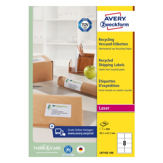 Imagine pachet: Etichete de expediere reciclate Avery Zweckform, Articol: LR7165-100, Format: 99,1 x 67,7 mm, Adaptabilitate imprimantă: Laser alb-negru, Laser color, Conținut: 800 etichete / 100 coli, 8 etichete/coală.