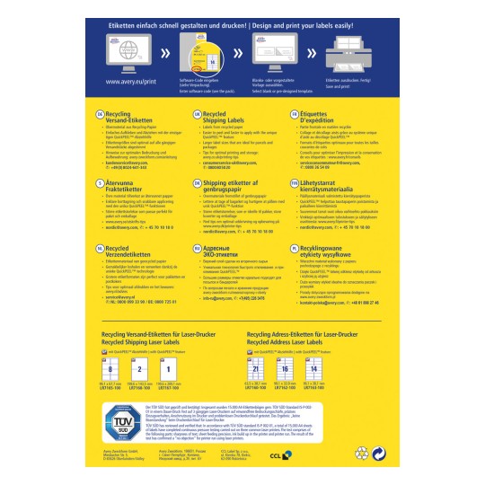 Această imagine conține informații despre etichete de expediere reciclate, inclusiv instrucțiuni multilingve pentru design, imprimare și aplicare. Evidențiază caracteristica QuickPEEL™, sfaturi optime de imprimare și diverse dimensiuni de etichete, alături de detalii de contact pentru asistență.