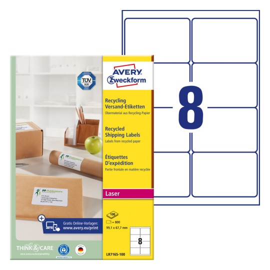 Imagine pachet cu coală de etichete: Etichete de expediere reciclate Avery Zweckform, Articol: LR7165-100, Format: 99,1 x 67,7 mm, Potrivire pentru imprimantă: Laser alb-negru, Laser color, Conținut: 800 de etichete / 100 coli, 8 etichete/coală.