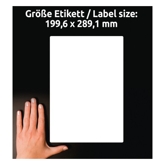 Comparare de dimensiuni cu mâna, Articol: LR7167-100, o coală de etichete de expediere reciclate, Format: 199,6 x 289,1 mm, Culoare: Alb natural