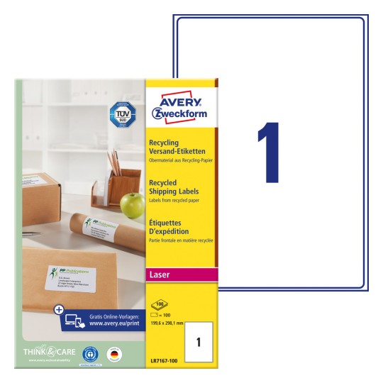 Imagine de pachet cu coală de etichete: Etichete de expediere reciclate Avery Zweckform, Articol: LR7167-100, Format: 199,6 x 289,1 mm, Compatibilitate imprimantă: laser alb-negru, laser color, Conținut: 100 etichete / 100 coli, 1 etichetă/coală.