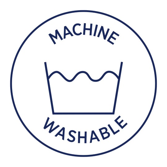 Imaginea afișează un simbol care indică faptul că articolul poate fi spălat la mașină, având textul 'MACHINE' deasupra unui recipient cu valuri de apă și 'WASHABLE' dedesubt.