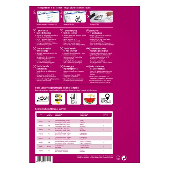 Imaginea afișează un grafic informativ colorat despre proiectarea transferurilor pentru tricouri. Include instrucțiuni în mai multe limbi despre cum să folosiți folia de transfer pentru textile, împreună cu o prezentare generală a codurilor de produs, formatelor, cantităților și tipurilor de imprimare. La bază, sunt prezentate și modele de design.
