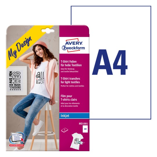 Imagine cu etichete: Avery Zweckform folii de transfer pentru textile deschise, Articol: MD1001, Format: 210 x 297 mm, Compatibilitate imprimantă: Inkjet, Conținut: 5 coli.