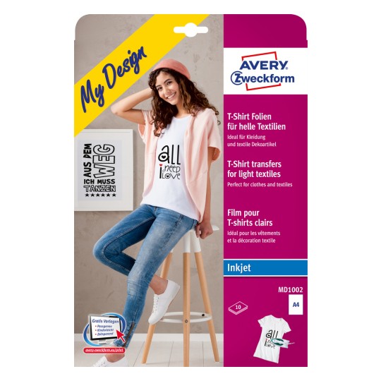 Imagine de pe ambalaj: Folie de transfer textil Avery Zweckform pentru textile deschise la culoare, Articol: MD1002, Format: 210 x 297 mm, Potrivită pentru imprimantă: Inkjet, Conținut: 10 foi.
