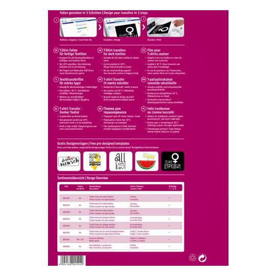 Imaginea include un ghid despre proiectarea și imprimarea transferurilor pentru tricouri, oferind instrucțiuni în mai multe limbi și detaliind diverse produse și specificațiile acestora pentru textile.