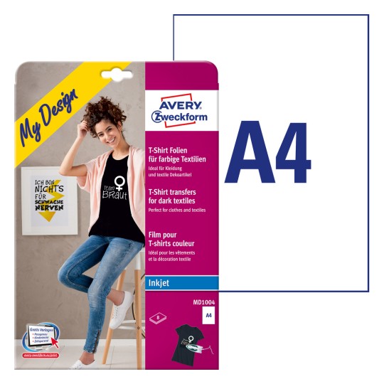 Imagine cu pachet și foi de etichete: Avery Zweckform folii de transfer pentru textile colorate, articol: MD1004, format: 210 x 297 mm, compatibilitate imprimantă: Inkjet, conținut: 8 foi/set.