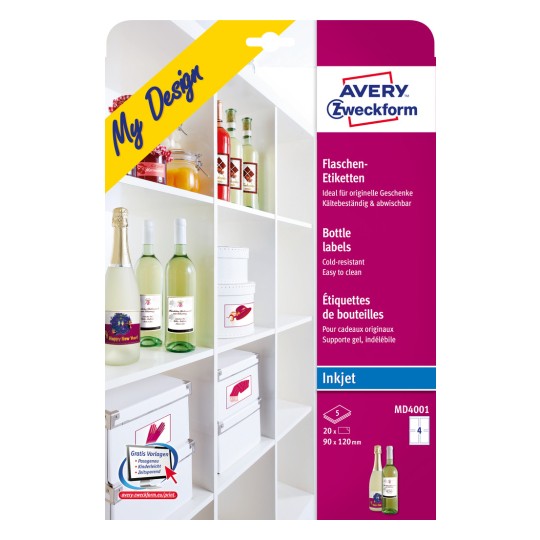 Imagine ambalaj: Etichete pentru sticle Avery Zweckform, Articol: MD4001, Format: 90 x 120 mm, Tipărire: Inkjet, Conținut: 20 etichete / 5 coli, 4 etichete/coală.