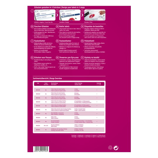 Imaginea prezintă opțiuni de design și imprimare a etichetelor, inclusiv diferite tipuri de etichete pentru sticle și textile, cu instrucțiuni în mai multe limbi. Listează coduri de produse, formate, descrieri, conținut și detalii de ambalare. Dispunerea este colorată și organizată pentru a oferi o imagine de ansamblu clară a produselor disponibile.