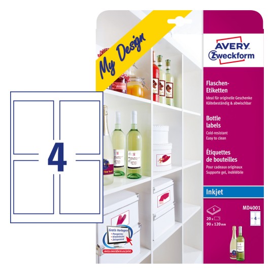 Imagine ambalaj cu foaie de etichete: Etichete pentru sticle Avery Zweckform, Articol: MD4001, Format: 90 x 120 mm, Potrivite pentru imprimante: Inkjet, Conținut: 20 etichete / 5 coli, 4 etichete/coală?