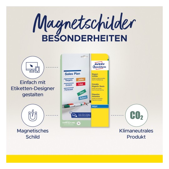 Imaginea prezintă un ambalaj de produs pentru foi magnetice de la Avery Zweckform, evidențiind caracteristici precum designul ușor cu un instrument online, foi magnetice pentru crearea de semne și mențiuni despre neutralitatea climatică.
