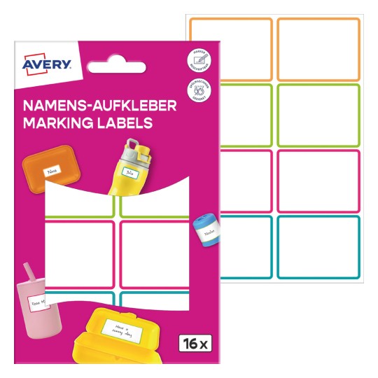 Imagine pachet cu foi de etichete: Etichete de nume Avery, Articol: NAME16C, Format: 34 x 48 mm, Conținut: 16 etichete / 2 foi, 8 etichete/foaie.