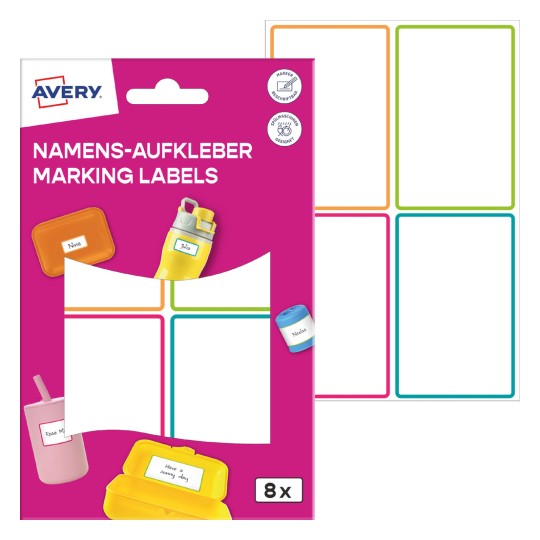 Imaginea de pe ambalaj cu foaie de etichete: Avery Etichete de nume, Articol: NAME8C, Format: 48 x 70 mm, Conținut: 8 etichete / 2 foi, 4 etichete/foaie?