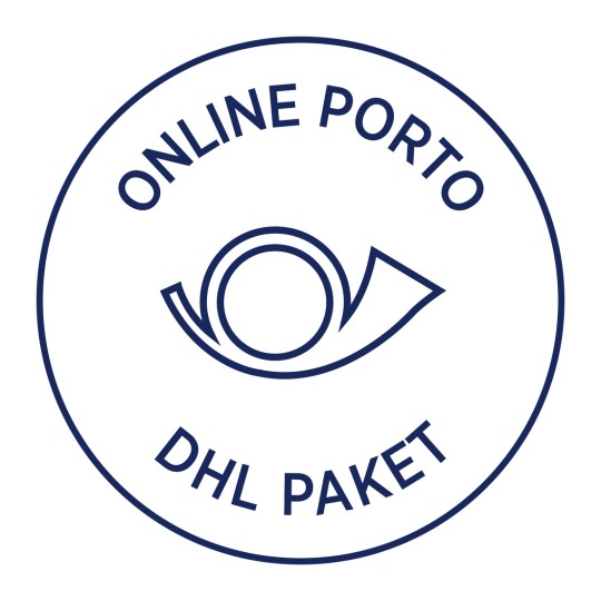 Imaginea prezintă un logo sau o ștampilă circulară care are inscripționat 'ONLINE PORTO' în partea de sus și 'DHL PAKET' în partea de jos, cu un grafic asemănător unui ochi în centru.
