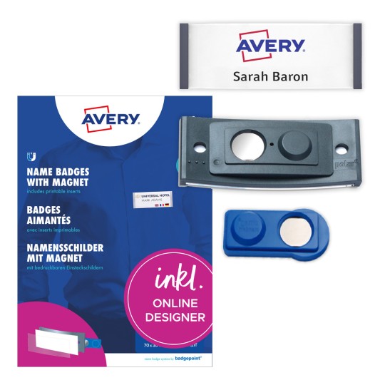 Imagine de pachet cu foi de etichete: Avery Zweckform, Articol: POL30MA02-5DR, Insigne magnetice pentru nume, Format: 70 x 30 mm, Compatibilitate tipărire: laser color, laser alb-negru, inkjet, Conținut: 5 insigne / 18 insigne de inserare / 1 foaie, 18 carduri/foaie?