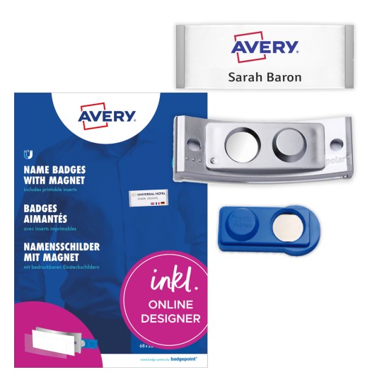 Imagine pachet cu foaie de etichete: Avery Zweckform, Articol: POL35MA66-10DR, Ecusoane magnetice, Format: 80 x 34 mm, Potrivit pentru imprimare: laser color, laser monocrom, inkjet, Conținut: 10 ecusoane / 32 ecusoane interschimbabile / 2 foi, 16 carduri/foaie.