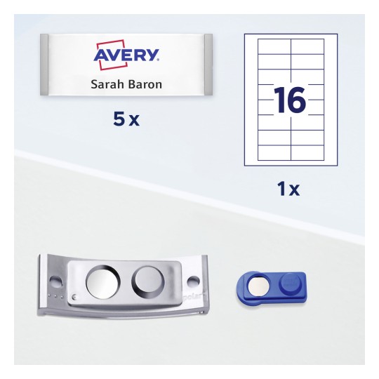 Imaginea afișează un pachet de etichete Avery pe care scrie 'Sarah Baron', cu detalii care arată că sunt incluse cinci etichete. De asemenea, prezintă o foaie de etichete cu 16 etichete, alături de un perforator și o etichetă albastră pentru atașare.