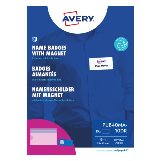 Ambalaj Avery care prezintă ecusoane magnetice cu nume pe o cămașă albastră, cu un ecuson de probă?