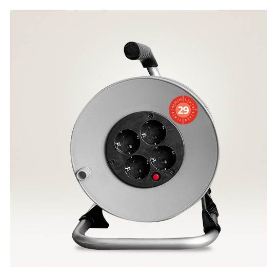 Round cable reel with four European sockets and handle