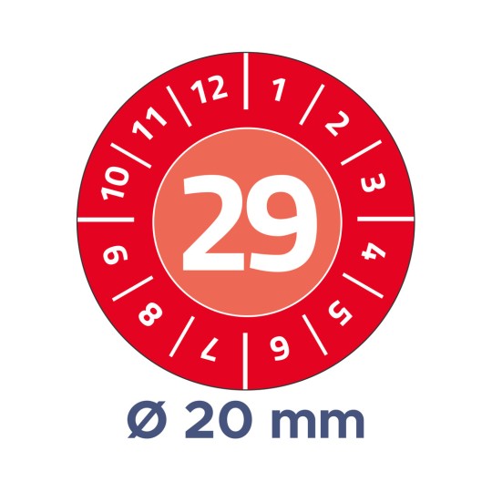 Red circular inspection sticker with number 29 and numbers 1–12 around edge