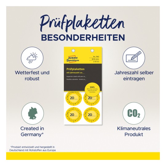 Imaginea prezintă un produs numit „Prüfplaketten” de la Avery Zweckform, care include etichete de inspecție impermeabile cu un spațiu pentru completarea anului, proiectate în Germania. Produsul evidențiază robustețea, neutralitatea climatică și versatilitatea sa.