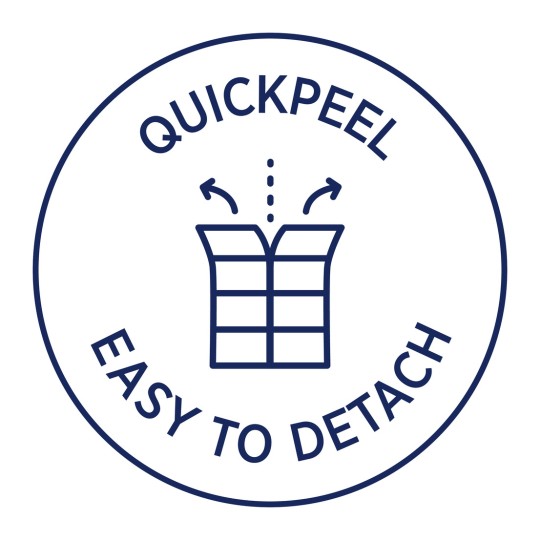 Imaginea afișează un logo circular cu textul 'QUICKPEEL' în partea de sus și 'EASY TO DETACH' în partea de jos, având o ilustrație a unei secțiuni care poate fi desprinsă.