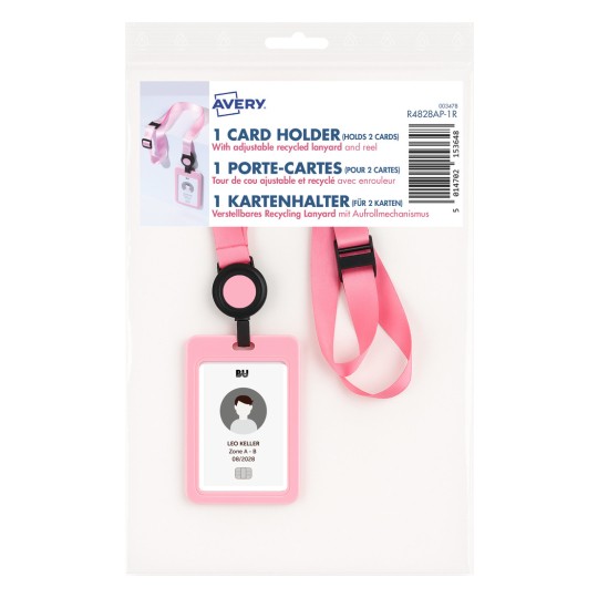 O imagine care prezintă un lanyard roz ajustabil și un suport pentru card, cu detalii despre produs, cum ar fi numele și specificațiile acestuia. Cuvântul 'DRAFT' este suprapus cu roșu.