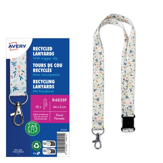 O imagine care arată șnururi reciclate cu un clip de declanșare, având un design floral. Ambalajul include detalii despre produs, inclusiv dimensiunea și specificațiile.