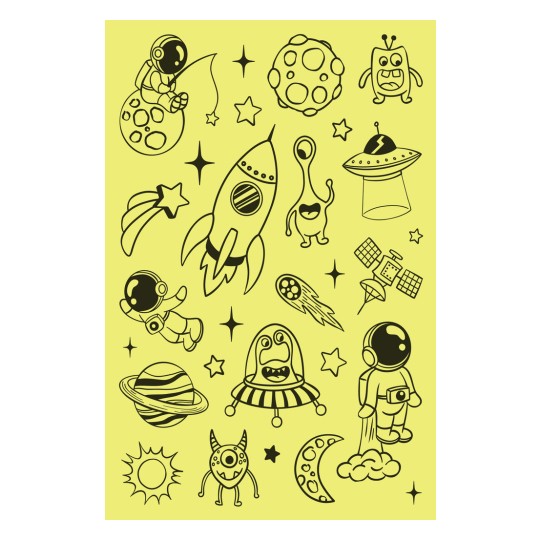 Un fundal galben cu diverse desene tematice despre spațiu, inclusiv astronauți, rachete, planete, extratereștri, stele și un OZN.