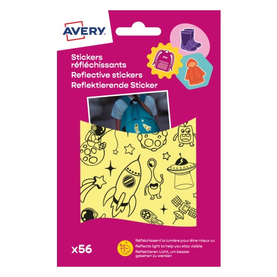 Imaginea afișează un set de autocolante reflectorizante de la Avery, cu modele colorate precum rachete și extratereștri, potrivite pentru a îmbunătăți vizibilitatea pe rucsacuri.