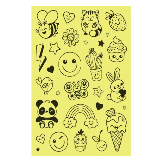 Imaginea prezintă doodles drăguțe pe un fundal galben, inclusiv o albină, un panda, o pisică, un iepuraș, flori, inimi și pictograme precum înghețată și brioșe.