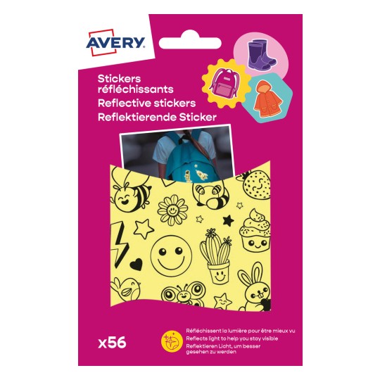 Imaginea prezintă ambalajul autocolantelor reflectorizante de la Avery, care conține diverse desene amuzante menite să sporească vizibilitatea. Include o fotografie a unui copil cu un ghiozdan și grafice colorate.