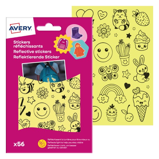 Imaginea prezintă un set de abțibilduri reflectorizante de la Avery. Designul include diverse pictograme amuzante, cum ar fi fețe zâmbitoare, animale și articole alimentare, pe un fundal galben.