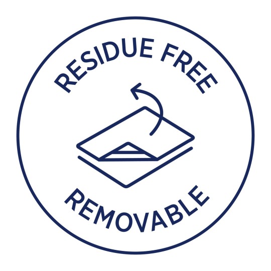 Imaginea prezintă un ecuson circular cu textul 'FĂRĂ REZIDUURI' și 'DEZLIPIBIL' în jurul unei ilustrații a unui obiect care este îndepărtat, indicând că nu lasă niciun reziduu în urmă.