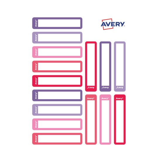 Un sortiment de etichete marca Avery în diverse culori, inclusiv mov, roz și roșu, cu spații libere pentru personalizare.