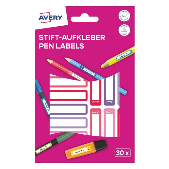 Imaginea prezintă etichete de pix Avery pe un fundal roz vibrant, alături de diverse stilouri și creioane colorate, etichetate cu nume.