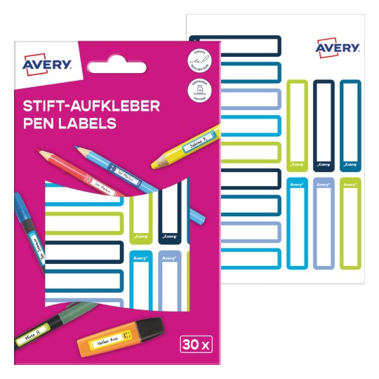 Imagine pachet cu coală de etichete: Etichete Avery pentru marcarea stilourilor, Articol: RESMI30G, Format: 10 x 50 mm, Conținut: 30 etichete / 2 coli, 15 etichete/coală.