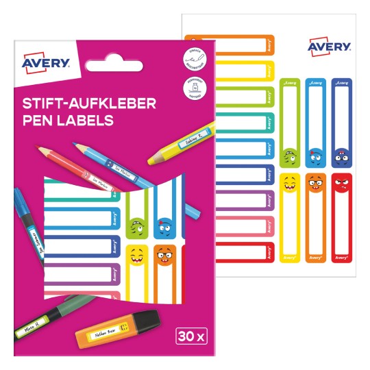 Imagine cu pachet și foaie de etichete: Etichete Avery pentru marcarea stilourilor, articol: RESMI30S, format: 10 x 50 mm, conținut: 30 de etichete / 2 foi, 15 etichete/foaie.