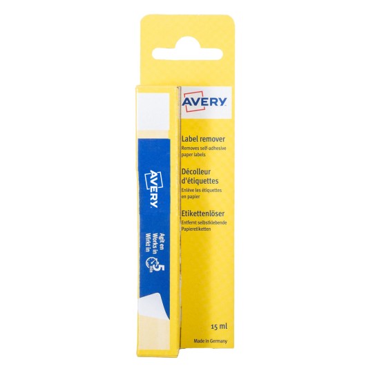 Ambalaj galben pentru îndepărtarea etichetelor Avery, cu logo și text albastre?