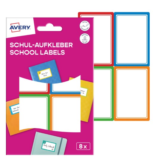 Această imagine prezintă un pachet de etichete școlare Avery, afișând modele de etichete colorate destinate organizării sau etichetării obiectelor, cu multiple spații libere pentru personalizare.