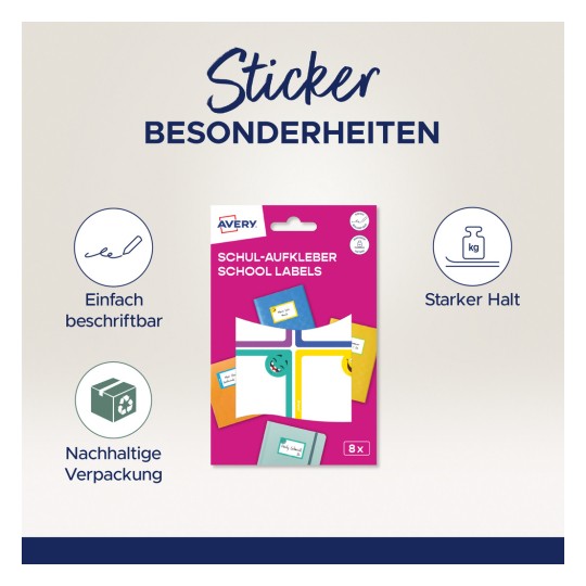 Imaginea prezintă un set de etichete școlare de la Avery, evidențiind aderența și reciclabilitatea acestora, împreună cu aspecte importante, precum etichetarea ușoară și rezistența puternică.