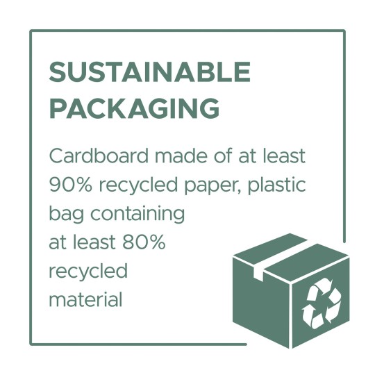 Imaginea discută despre ambalajele sustenabile, subliniind că cartonul ar trebui să fie fabricat din cel puțin 90% hârtie reciclată, iar pungile de plastic ar trebui să conțină cel puțin 80% material reciclat.