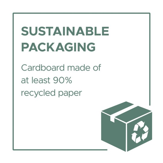 Imaginea afișează un semn pentru ambalaje durabile. Menționează că cartonul este realizat din cel puțin 90% hârtie reciclată. Există un grafic al unei cutii de carton cu un simbol de reciclare.