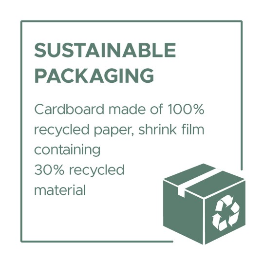 Imaginea promovează ambalajele durabile, subliniind faptul că cartonul este făcut din hârtie 100% reciclată, iar folia retractabilă conține 30% material reciclat.