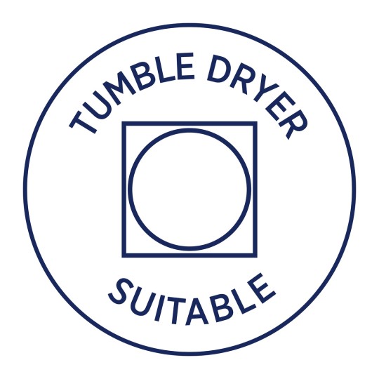 Imaginea prezintă o etichetă circulară care indică faptul că articolul este potrivit pentru uscătorul de rufe. Textul spune 'USCĂTOR DE RUFE' în partea de sus și 'POTRIVIT' în partea de jos, înconjurând un pătrat cu un cerc în interior.