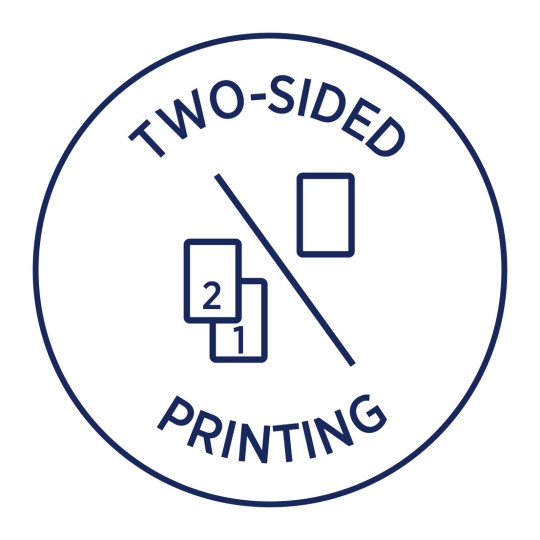 Imaginea afișează o pictogramă circulară cu textul „PRINTARE FAȚĂ-VERSO”. Aceasta prezintă două cartonașe suprapuse, unul etichetat cu '1' și celălalt cu '2', împreună cu un singur cartonaș în dreapta. Designul subliniază conceptul de imprimare pe ambele fețe.