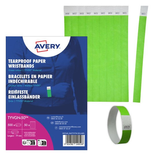 Imaginea arată un pachet de brățări verzi din hârtie rezistentă la rupere, fabricate din material TYVEK, cu mai multe brățări afișate și informațiile despre ambalaj vizibile.