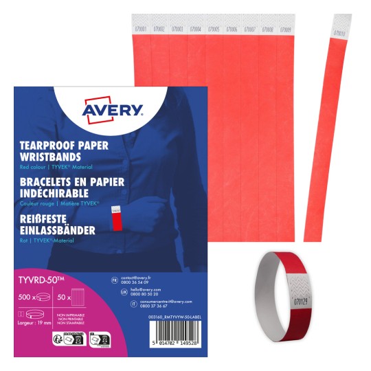 Imaginea prezintă benzi de hârtie rezistente la rupere de culoare roșie, prezentând un pachet de benzi cu detalii de ambalare și o reprezentare vizuală a benzilor.