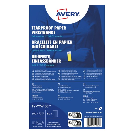 Imagine produs: Avery Zweckform, Articol: TYVYW-50, brățări de acces, 19 x 256 mm, pachet mic, 500 brățări / 50 coli.